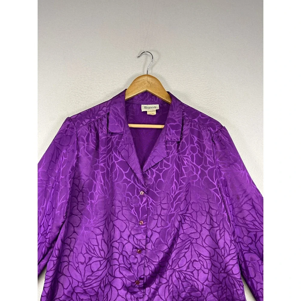 Vintage 80s Rhapsody Women 42 Purple Jacquard Floral Silky Button Up‎ Blouse Top